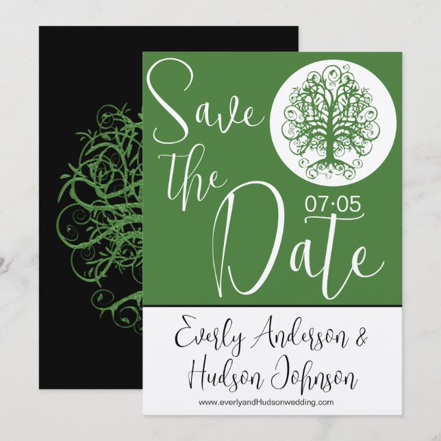 Golden Green Swirl Tree Roots of Love Wedding Invitation (Front/Back)