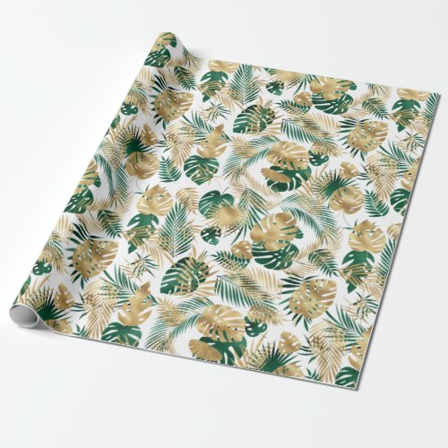 Golden Green Tropical Leaf Pattern  Leggings Coffe Wrapping Paper