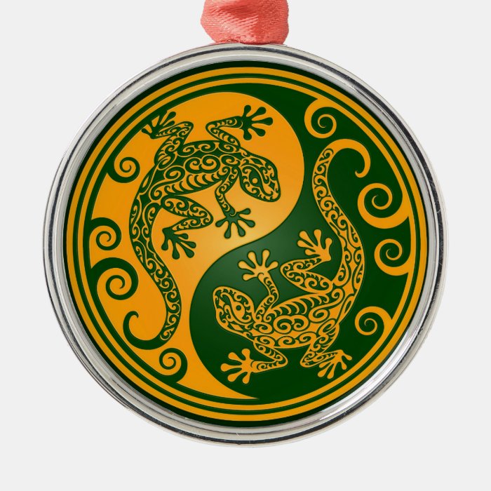 Golden Green Yin Yang Lizards Christmas Ornaments