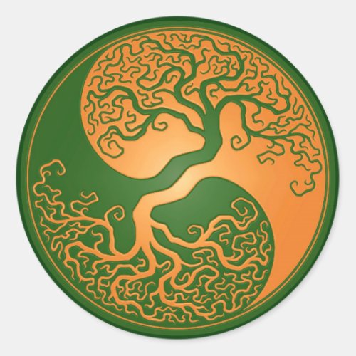 Golden Green Yin Yang Tree Classic Round Sticker