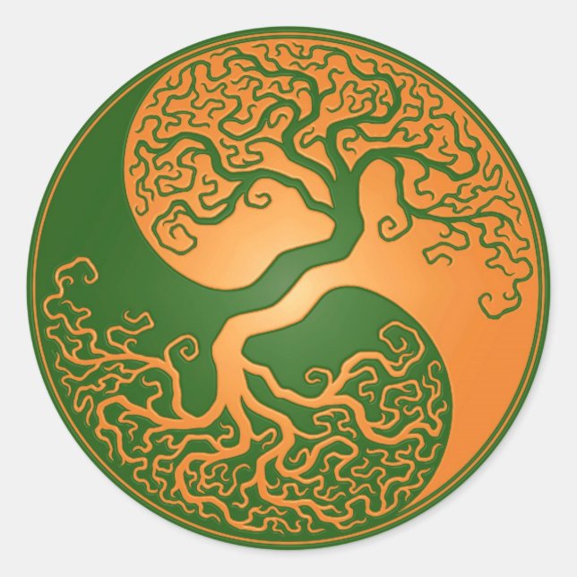 Golden Green Yin Yang Tree Classic Round Sticker (Front)