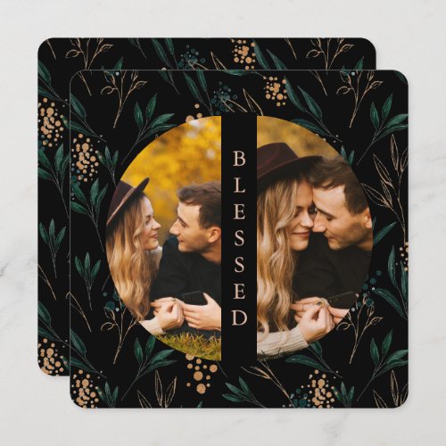 Golden Greenery Blessed Two Photo Black Holiday Card