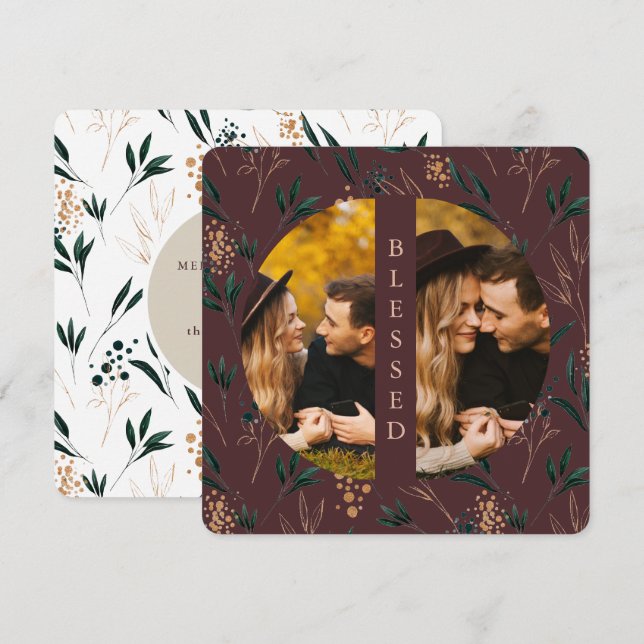 Golden Greenery Blessed Two Photo Eggplant Holiday Card (Front/Back)