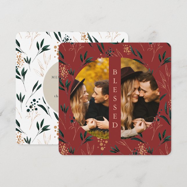 Golden Greenery Blessed Two Photo Red Holiday Card (Front/Back)