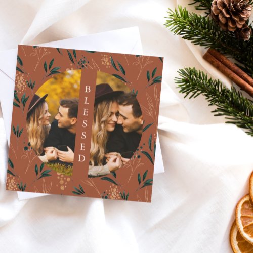 Golden Greenery Blessed Two Photo Terracotta Holiday Card