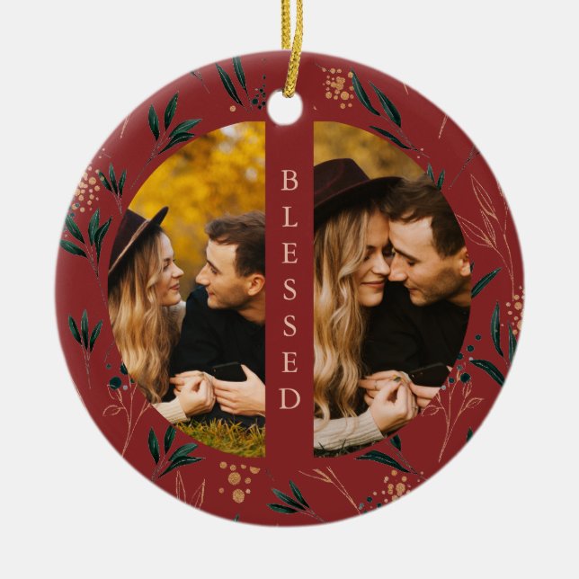Golden Greenery Blessed Typography Two Photo Red Ceramic Ornament (Front)