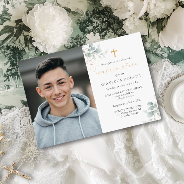 Golden Greenery Confirmation with Photo Invitation (This simple, yet elegant, confirmation invitation can be used for a young man or woman.)