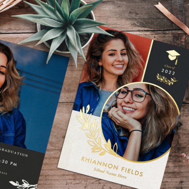 Golden Greenery Overlapping Photos Graduate Foil Invitation (Creator Uploaded)