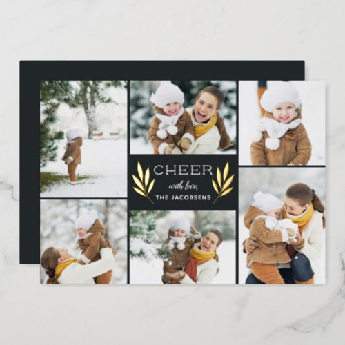 Golden Greenery  Photo Collage Foil Holiday Card