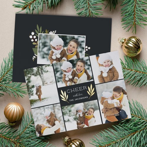 Golden Greenery  Photo Collage Foil Holiday Card