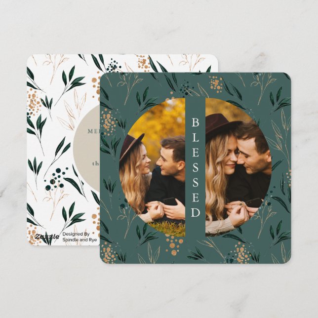 Golden Greenery Teal Blessed Two Photo Holiday Card (Front/Back)