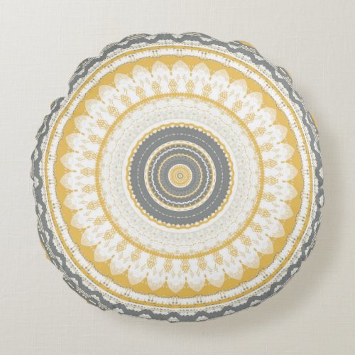 Golden Grey Mandala Round Pillow