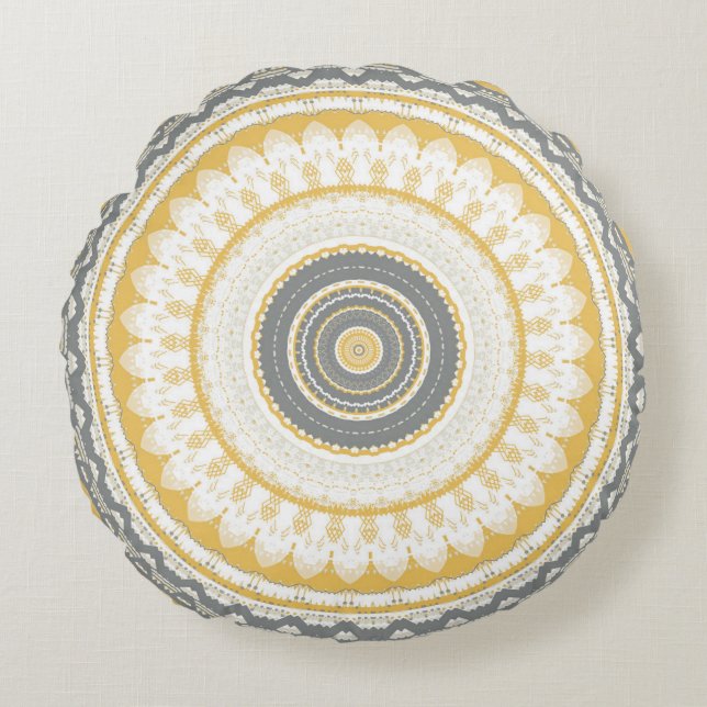 Golden Grey Mandala Round Pillow (Front)