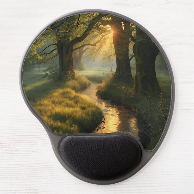 Golden Grove Sunrise – Tranquil Sunlit Forest Stre Gel Mouse Pad (Front)