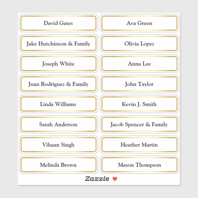 Golden Guest Names Wedding Place Card Sticker (Sheet)