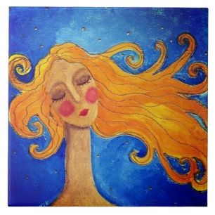 Golden Hair Abstract Portrait of a Woman Ceramic Tile