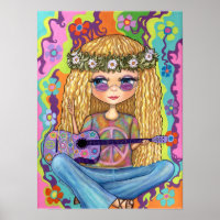 Golden Hair Hippie Chick Purple Guitar Peace Sign 