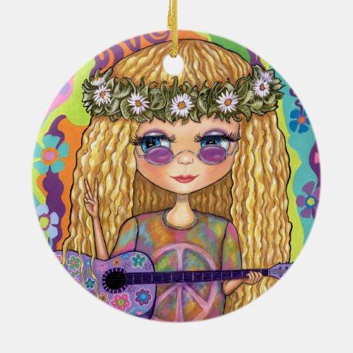 Golden Hair Hippie Chick Purple Guitar Peace Sign Ceramic Ornament