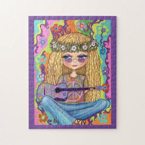 Golden Hair Hippie Chick Purple Guitar Peace Sign  Jigsaw Puzzle