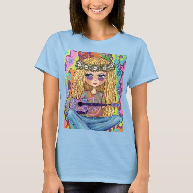 Golden Hair Hippie Chick Purple Guitar Peace Sign T-Shirt (Front)