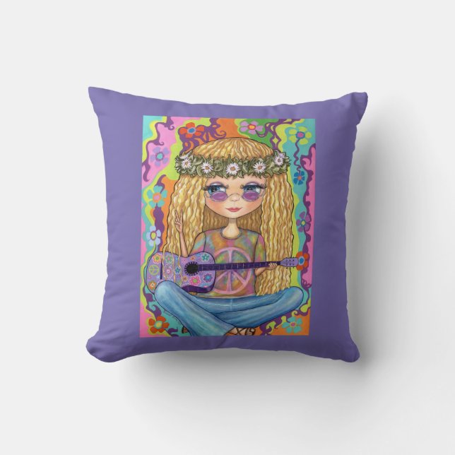 Golden Hair Hippie Chick Purple Guitar Peace Sign Throw Pillow (Front)