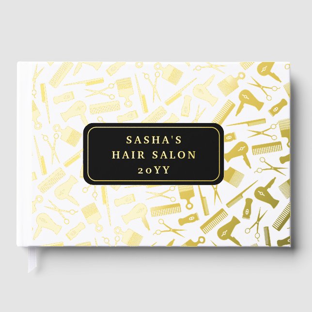Golden Hairdresser Pattern Hair Salon Foil Guest Book (Front)