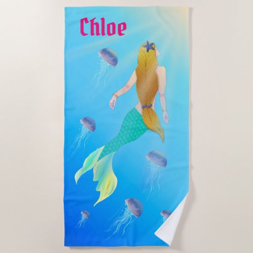 Golden Haired Mermaid on Deep Blue Sea Beach Towel