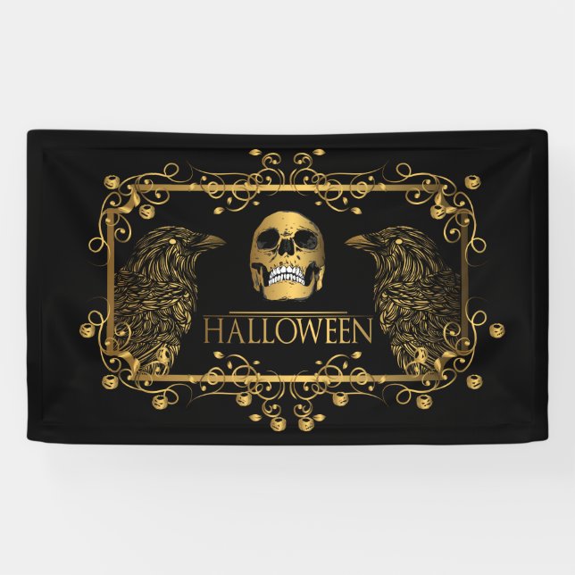 Golden Halloween Skull Ravens Banner (Horizontal)