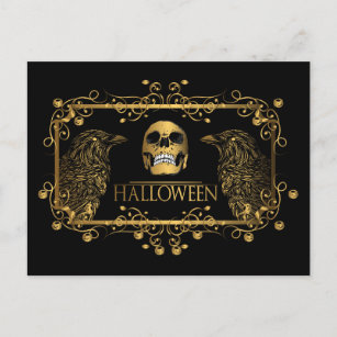 Golden Halloween Skull Ravens Postcard