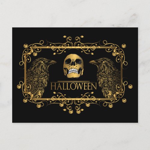 Golden Halloween Skull Ravens Postcard