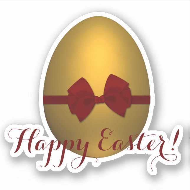 Golden Happy Easter Egg with Red Bow Sticker (Front)