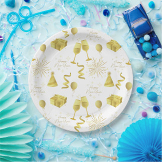 Golden Happy New Year Pattern Paper Plates