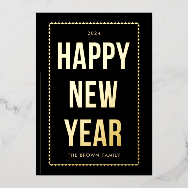 Golden Happy New Year Photo Card on Black (Front)