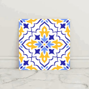 Golden Harmony Blue Floral Mosaic Elegant Ceramic Tile