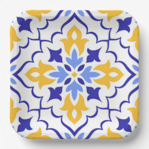 Golden Harmony Blue Floral Mosaic Elegant Paper Plates