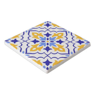 Golden Harmony Blue Floral Mosaic Elegant Trivet