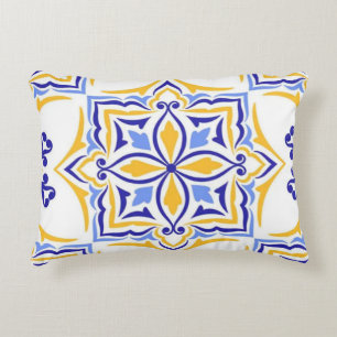 Golden Harmony Blue Gold Mosaic Mediterranean Accent Pillow