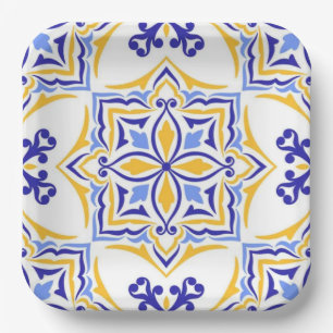 Golden Harmony Blue Gold Mosaic Mediterranean Paper Plates