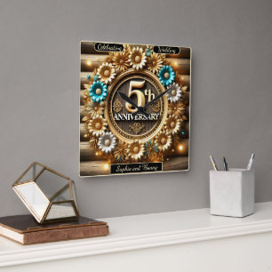 Golden Harmony: Fifth Anniversary Floral Square Wall Clock