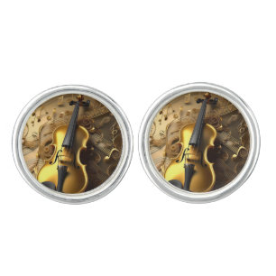 Golden Harmony: Vintage Violin on Shimmering Notes Cufflinks