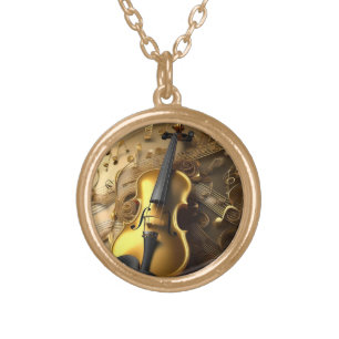 Golden Harmony: Vintage Violin on Shimmering Notes Gold Plated Necklace
