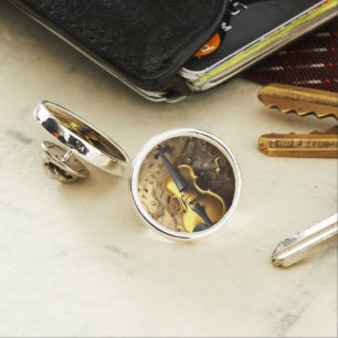Golden Harmony: Vintage Violin on Shimmering Notes Lapel Pin