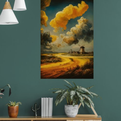 Golden harvest at sunset oil painting poster
