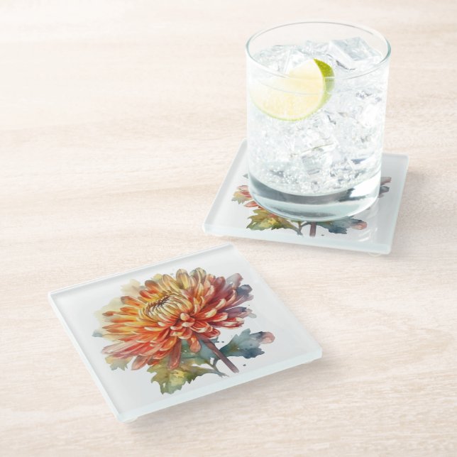 Golden Harvest Chrysanthemum Glass Coaster (Angled)