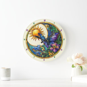 Golden Harvest Stained Glass Sunflower Butterfly Large Clock