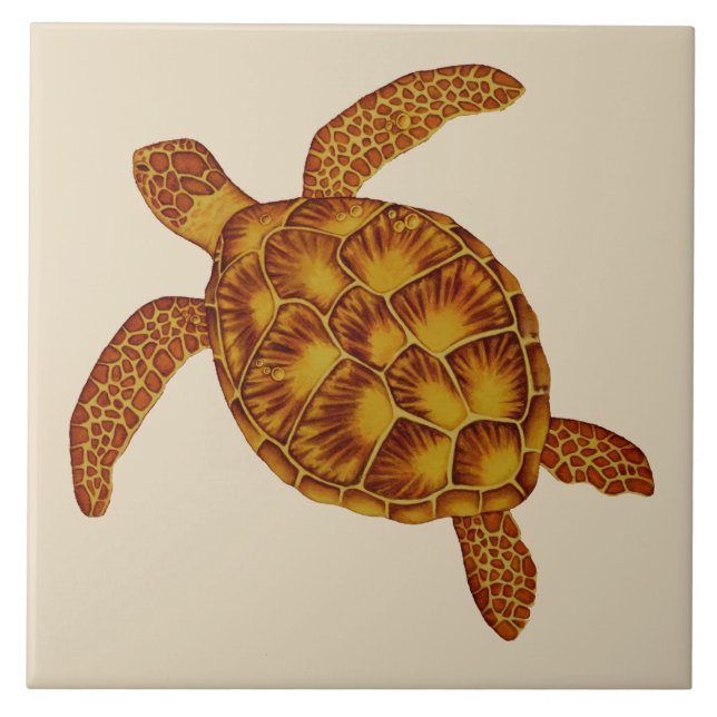 Golden Hawaiian Honu Sea Turtle Ceramic Tile (Front)