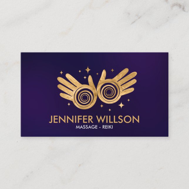 Golden Healing Hands Energy Spiral on violet Business Card (Front)