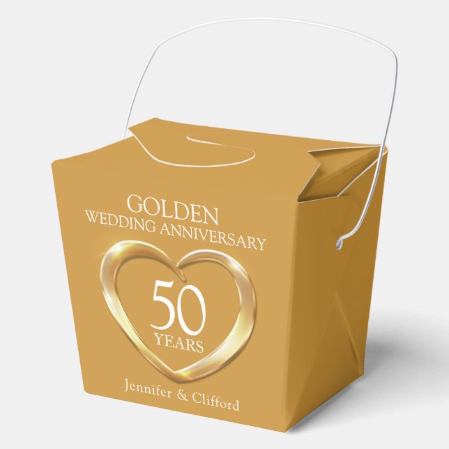 Golden heart 50th wedding anniversary custom names favor boxes (Front)
