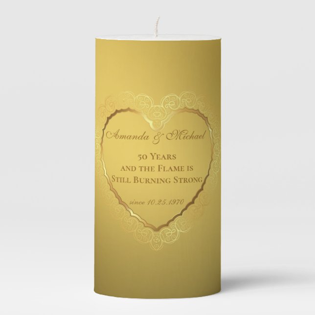 Golden Heart 50th Wedding Anniversary Custom Pillar Candle (Front)