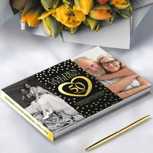 Golden heart 50th wedding anniversary photos black foil guest book  (Creator Uploaded)